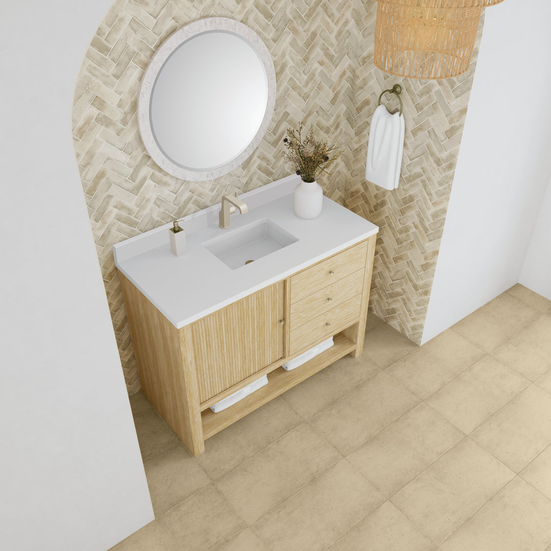 Marigot 48" Single Vanity, Sunwashed Oak w/ Single Hole 3 CM White Zeus Silestone Top & Backsplash