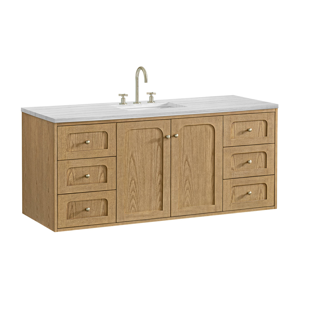 Laurent 60" Single Vanity, Light Natural Oak, w/ 3 CM Arctic Fall Solid Surface Top