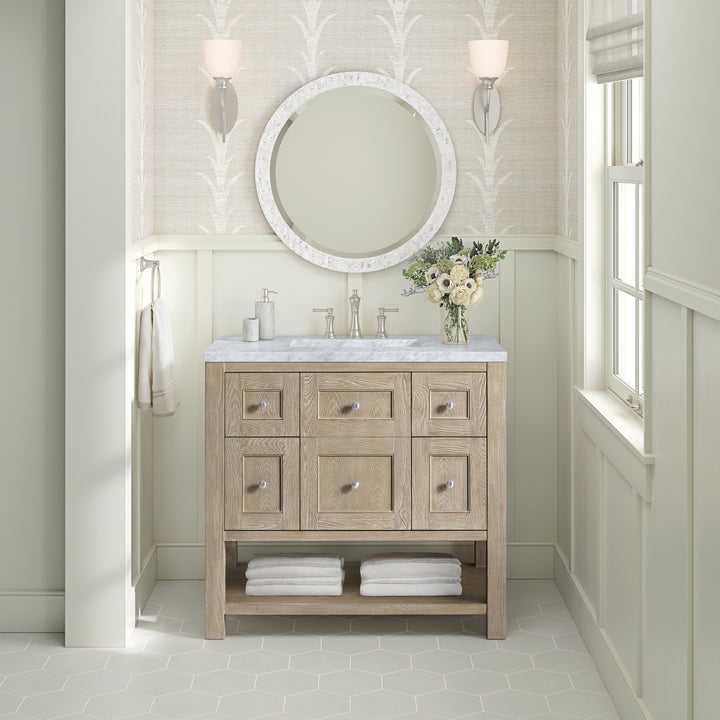 Breckenridge 36" Single Vanity, Whitewashed Oak w/ 3 CM Carrara White Marble Top