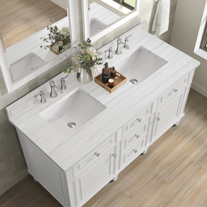 Lorelai 60" Double Vanity, Bright White w/ 3 CM Arctic Fall Solid Surface Top