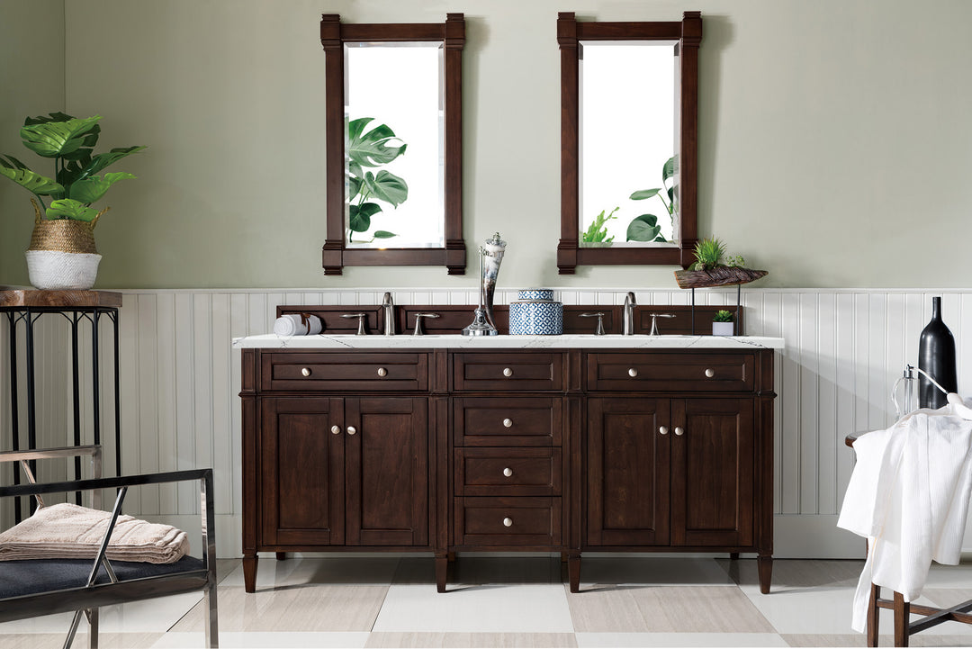 Brittany 72" Double Vanity, Burnished Mahogany w/ 3 CM Ethereal Noctis Silestone Top