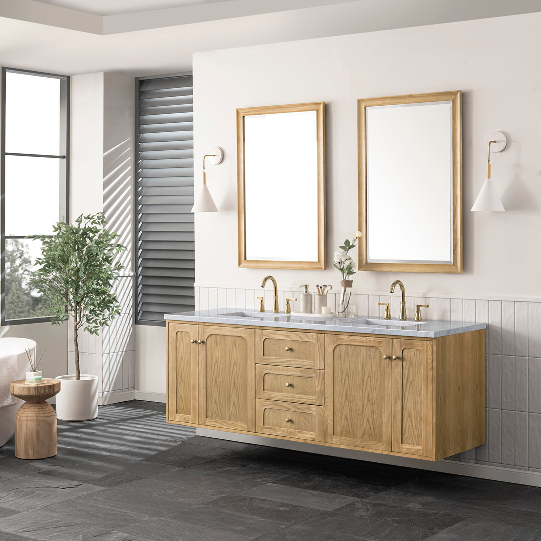 Laurent 72" Double Vanity, Light Natural Oak w/ 3 CM Carrara Marble Top