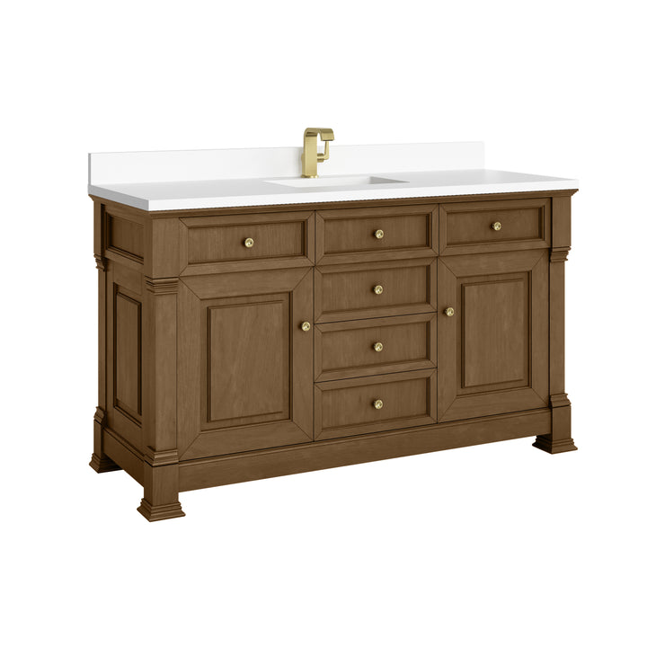 Brookfield 60" Single Vanity, Honey Oak w/ Single Hole 3 CM White Zeus Silestone® Top & Backsplash