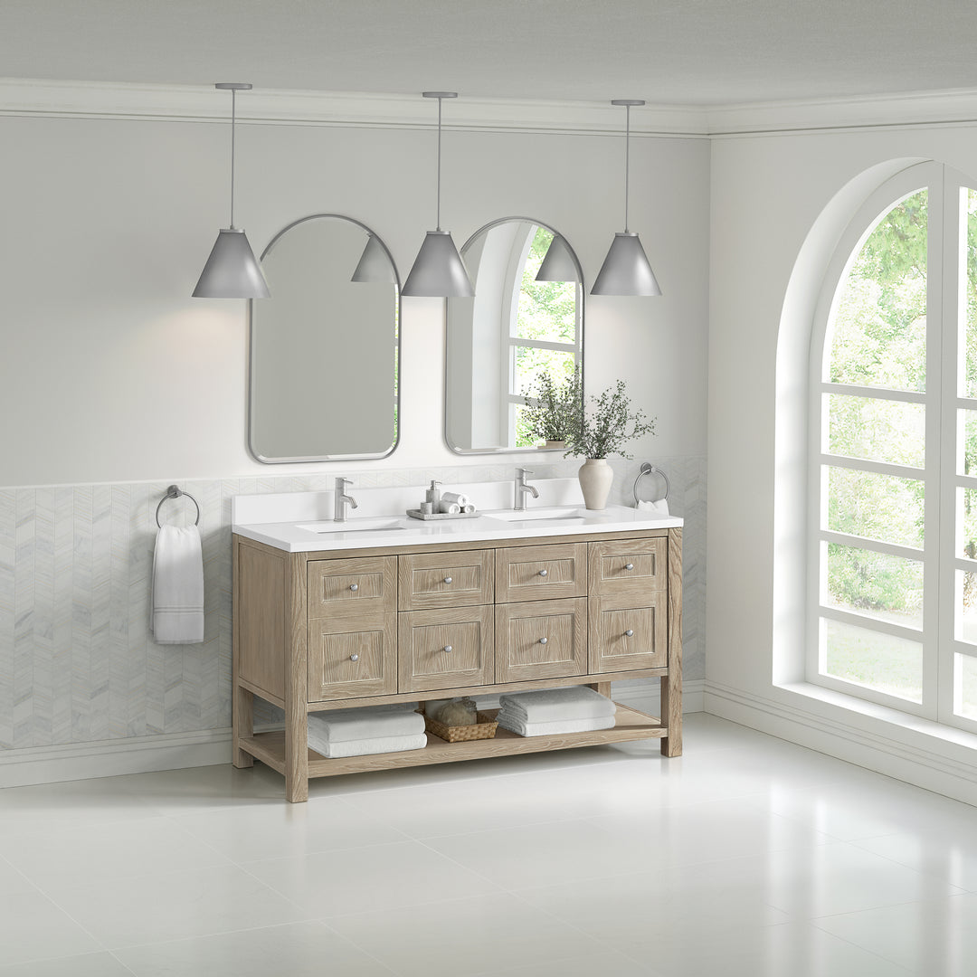 Breckenridge 60" Double Vanity, Whitewashed Oak, w/ Single Hole 3 CM White Zeus Quartz Top & Backsplash