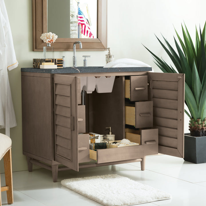 Portland 36" Single Vanity Whitewashed Walnut w/ 3 CM Parisien Bleu Silestone Top