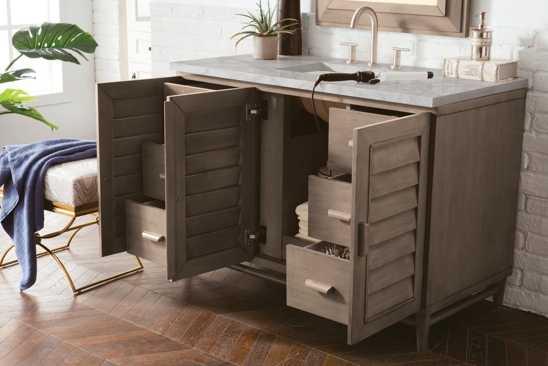 Portland 48" Single Vanity Whitewashed Walnut w/ 3 CM Victorian Silver Silestone Top w/FreePower Wireless Charger