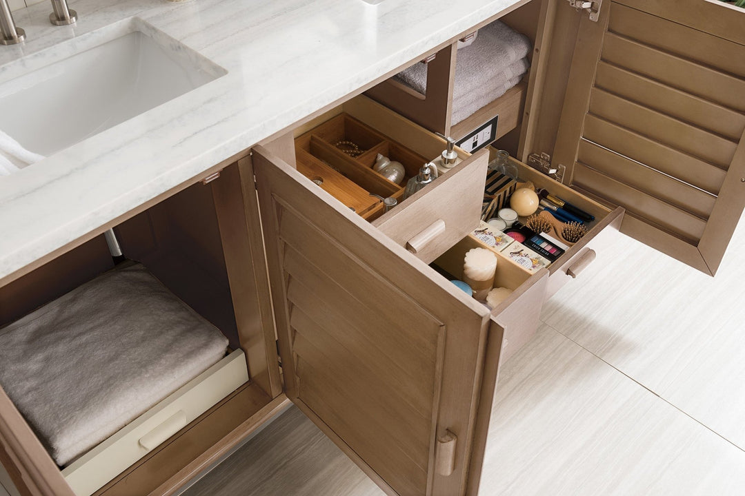 Portland 60" Double Vanity Whitewashed Walnut w/ 3 CM Arctic Fall Solid Surface Top