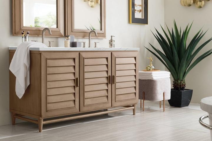 Portland 60" Double Vanity Whitewashed Walnut w/ 3 CM Ethereal Noctis Silestone Top