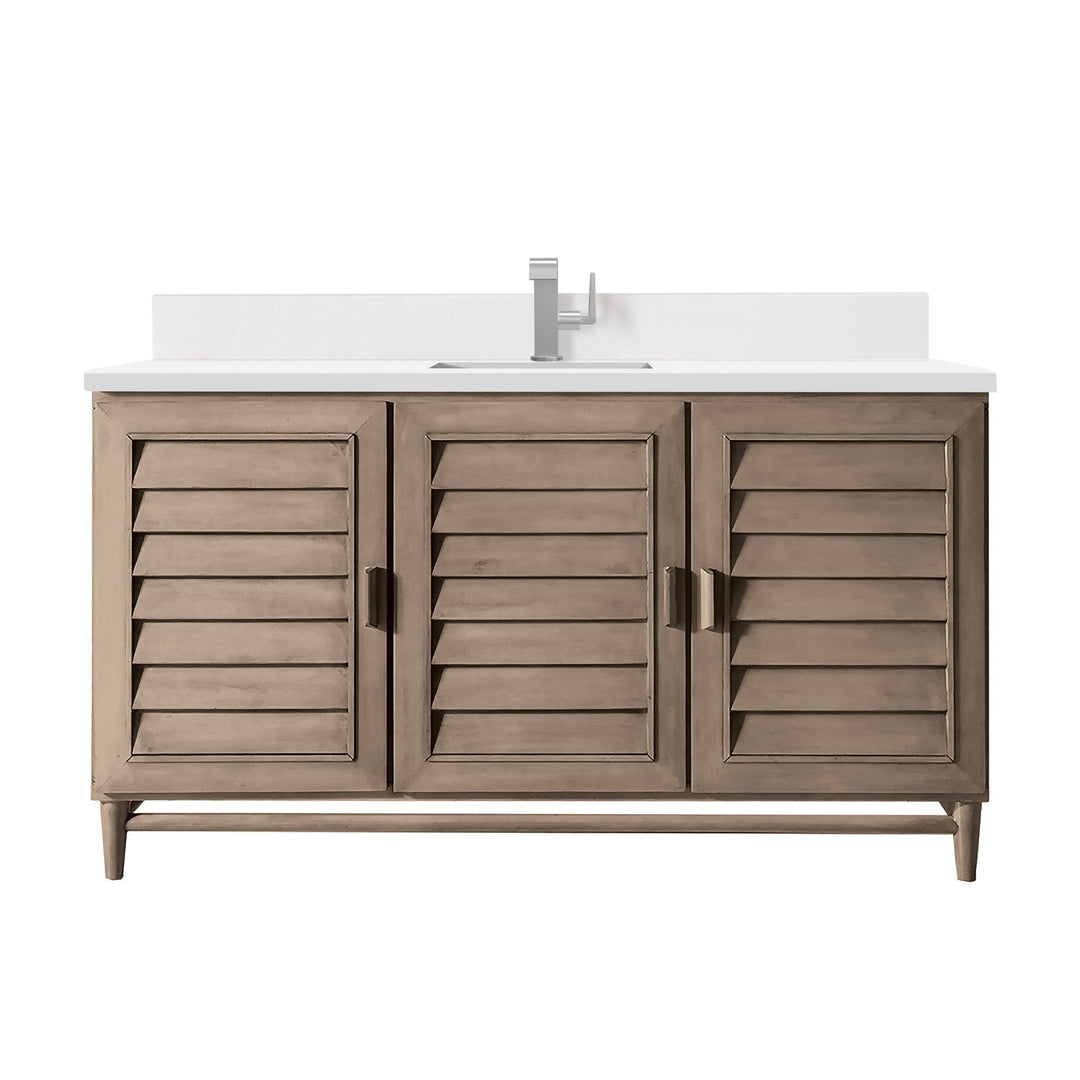 Portland 60" Single Vanity Whitewashed Walnut w/ Single Hole 3 CM White Zeus Silestone Top & Backsplash