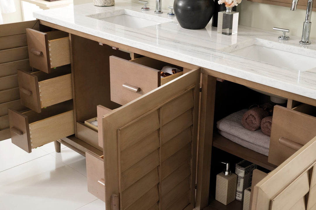 Portland 72" Double Vanity Whitewashed Walnut w/ 3 CM Arctic Fall Solid Surface Top