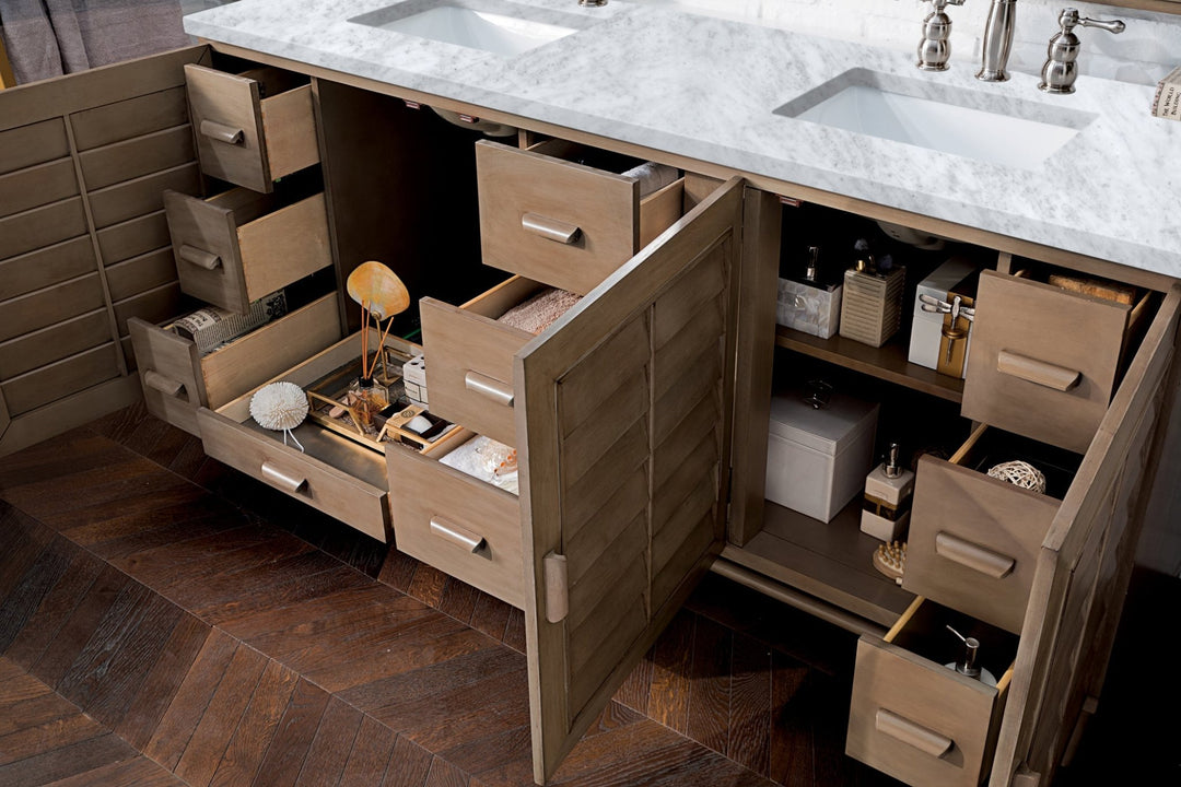 Portland 72" Double Vanity Whitewashed Walnut w/ 3 CM Carrara Marble Top