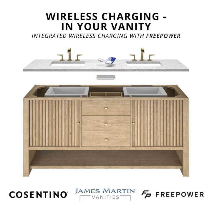 Portland 72" Double Vanity Whitewashed Walnut w/ 3 CM Eternal Jasmine Pearl Silestone Top w/FreePower Wireless Charger