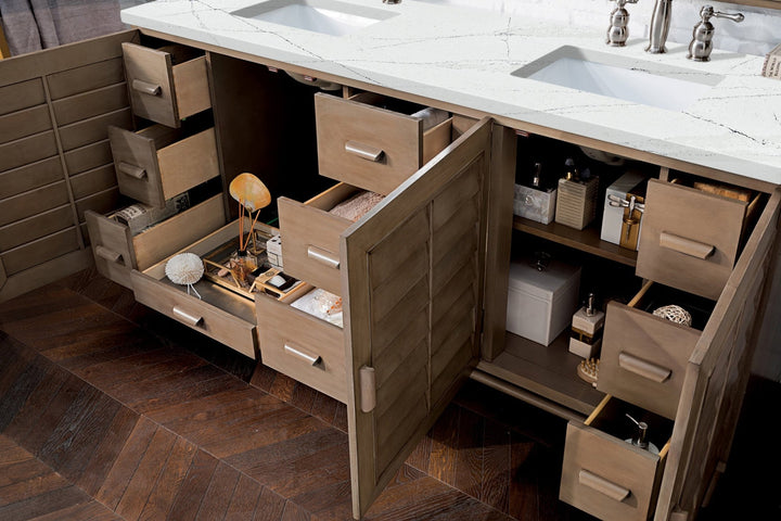 Portland 72" Double Vanity Whitewashed Walnut w/ 3 CM Ethereal Noctis Silestone Top w/FreePower Wireless Charger