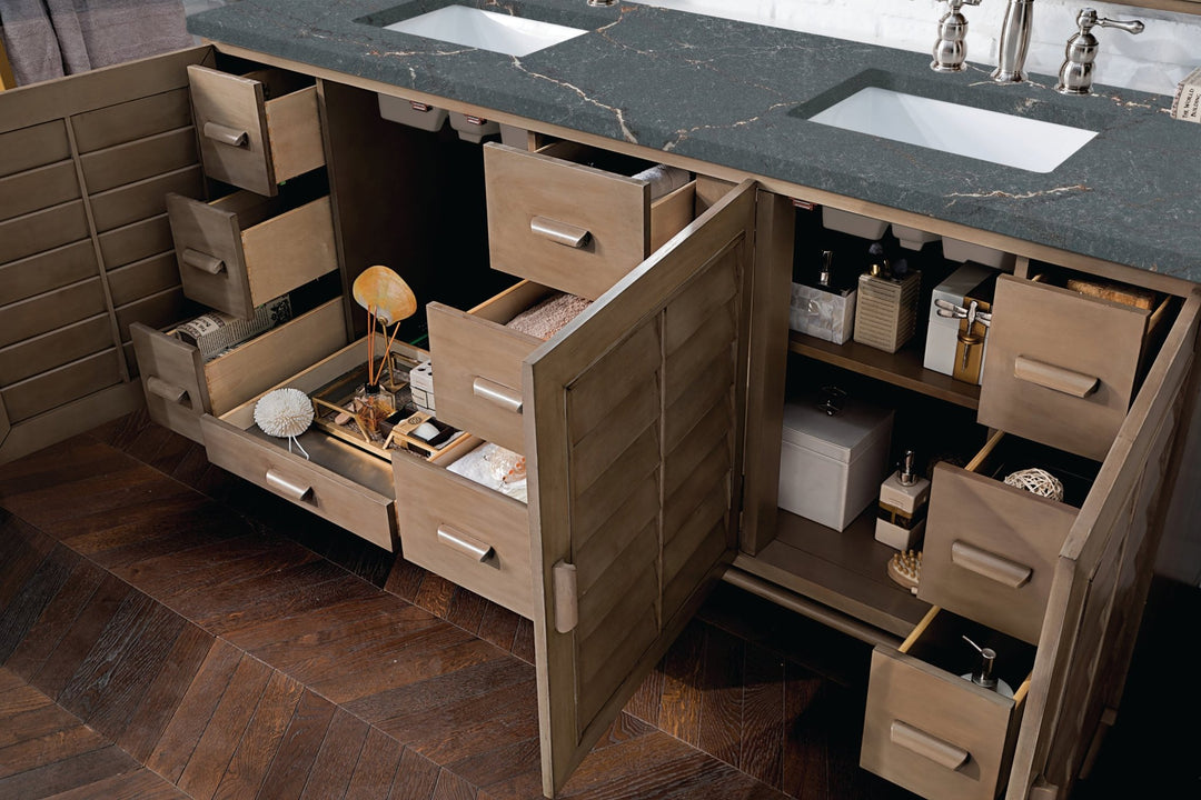 Portland 72" Double Vanity Whitewashed Walnut w/ 3 CM Parisien Bleu Silestone Top w/FreePower Wireless Charger