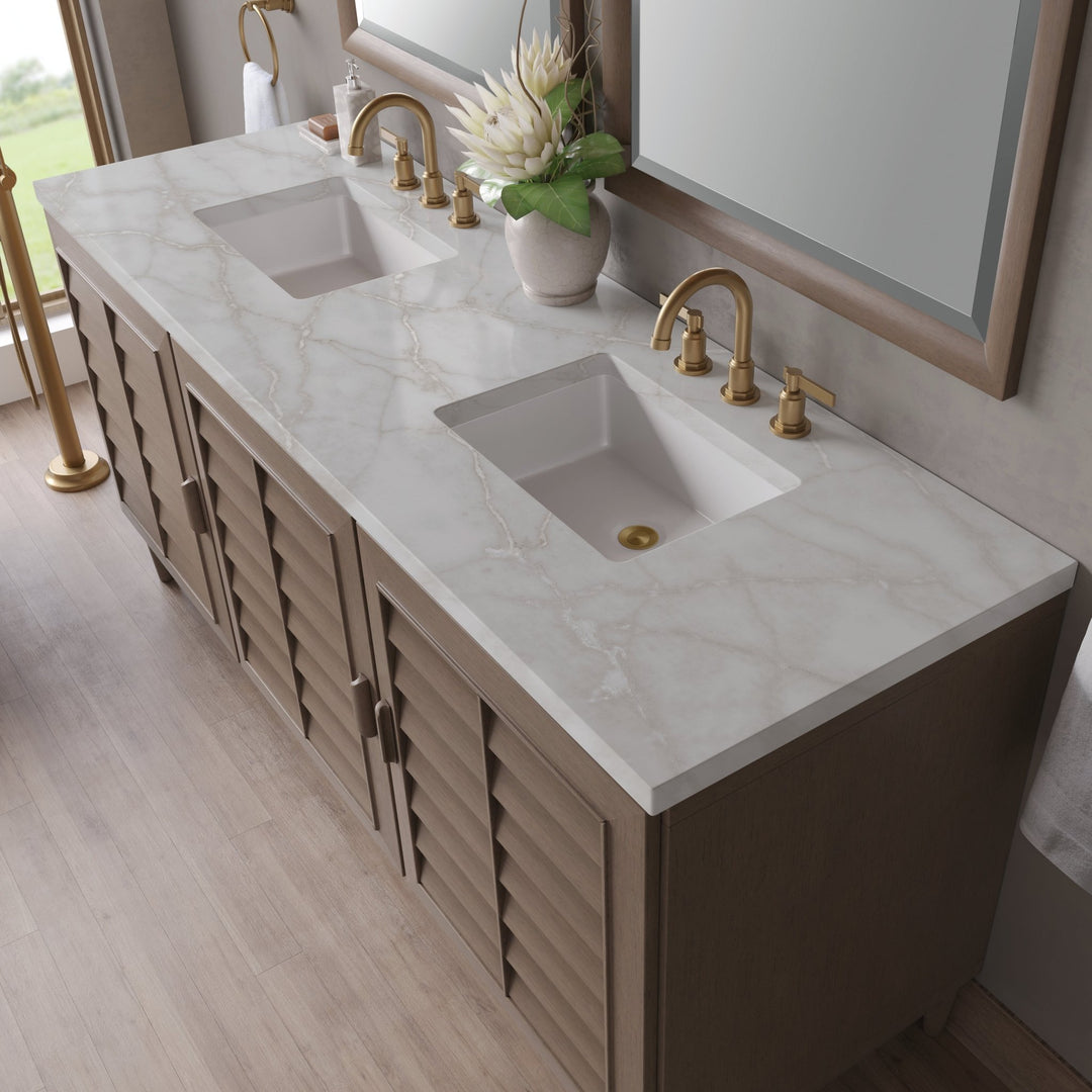 Portland 72" Double Vanity Whitewashed Walnut w/ 3 CM Victorian Silver Silestone Top w/FreePower Wireless Charger