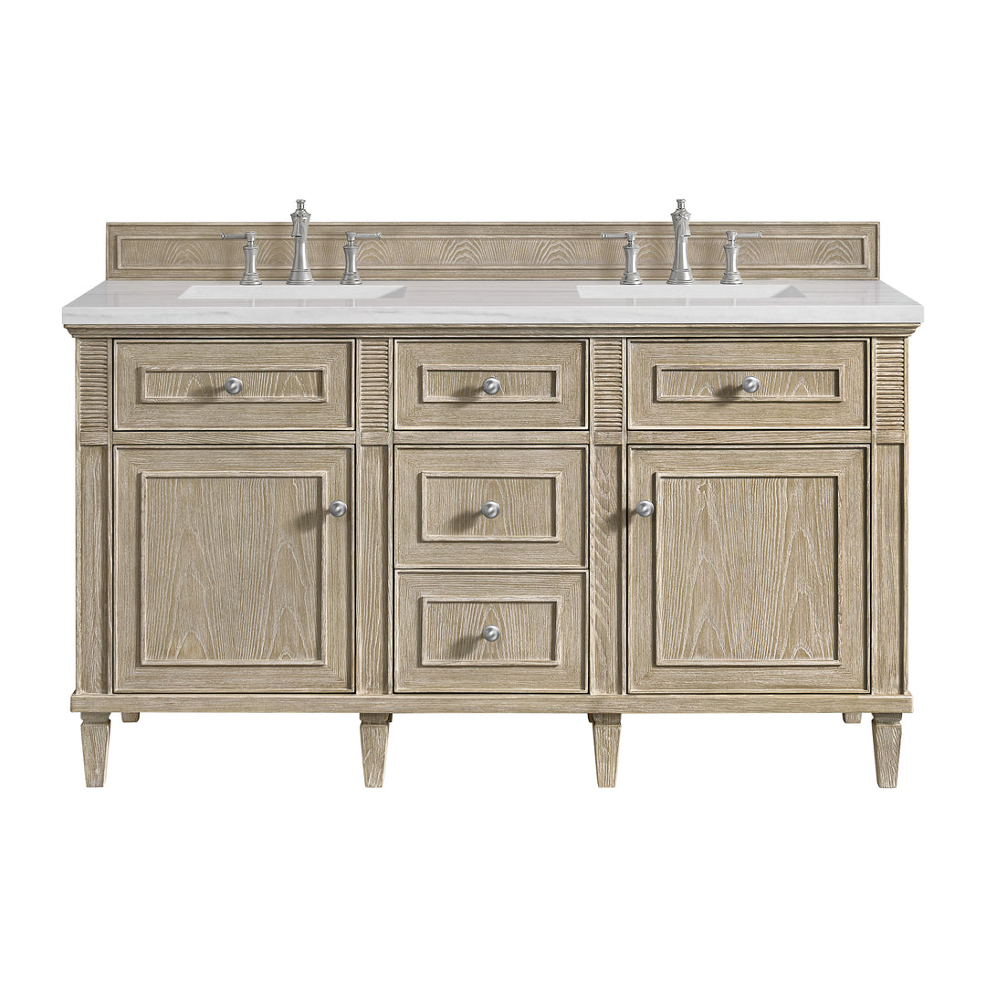 Lorelai 60" Double Vanity, Whitewashed Oak w/ 3 CM Arctic Fall Solid Surface Top