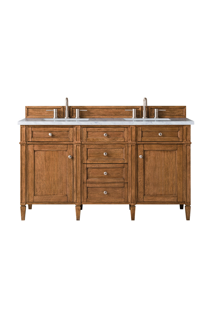 Brittany 60" Double Vanity, Saddle Brown w/ 3 CM Carrara Marble Top