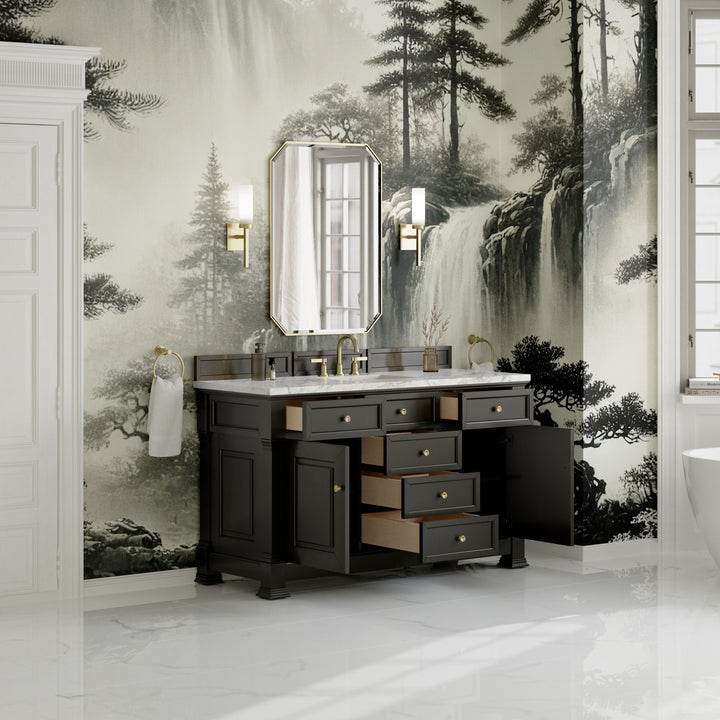 Brookfield 60" Single Vanity, Black Onyx w/3 CM Carrara White Marble Top