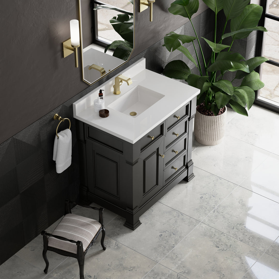 Brookfield 36" Single Vanity, Black Onyx w/ Single Hole 3 CM White Zeus Silestone® Top & Backsplash