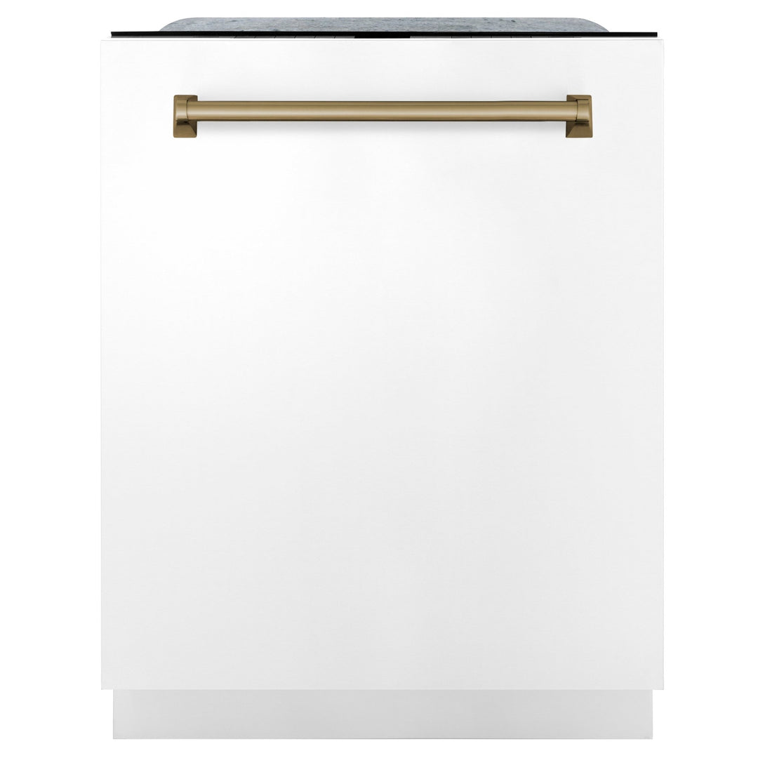 Products ZLINE 48 in. Autograph Edition Kitchen Package with Stainless Steel Dual Fuel Range with White Matte Door, Range Hood and Dishwasher with Champagne Bronze Accents (3AKP-RAWMRHDWM48-CB)