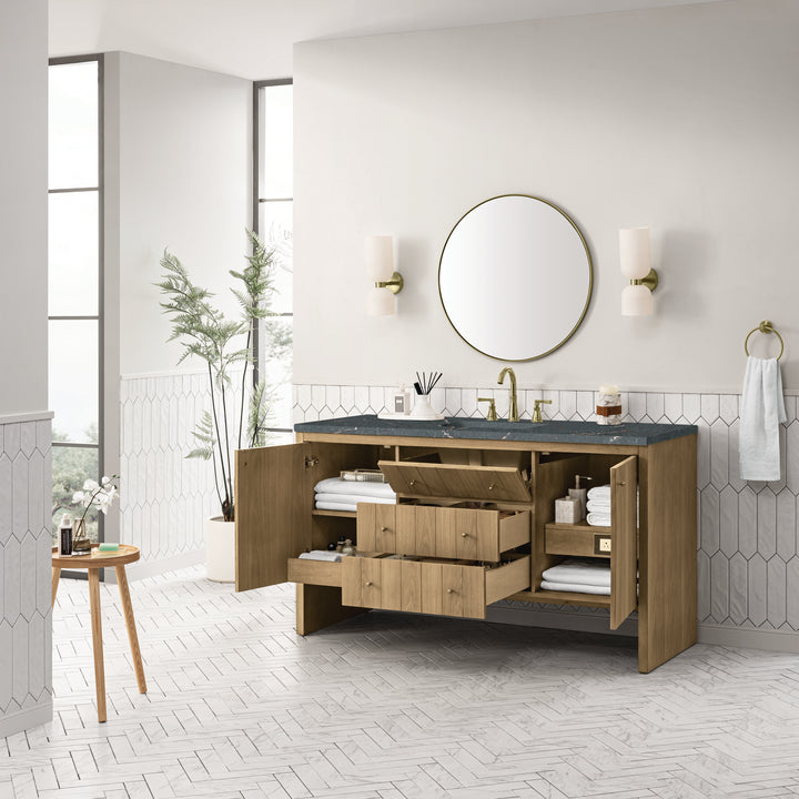 Hudson 60" Single Vanity, Light Natural Oak w/ 3 CM Parisien Bleu Top w/ FreePower Wireless Charger