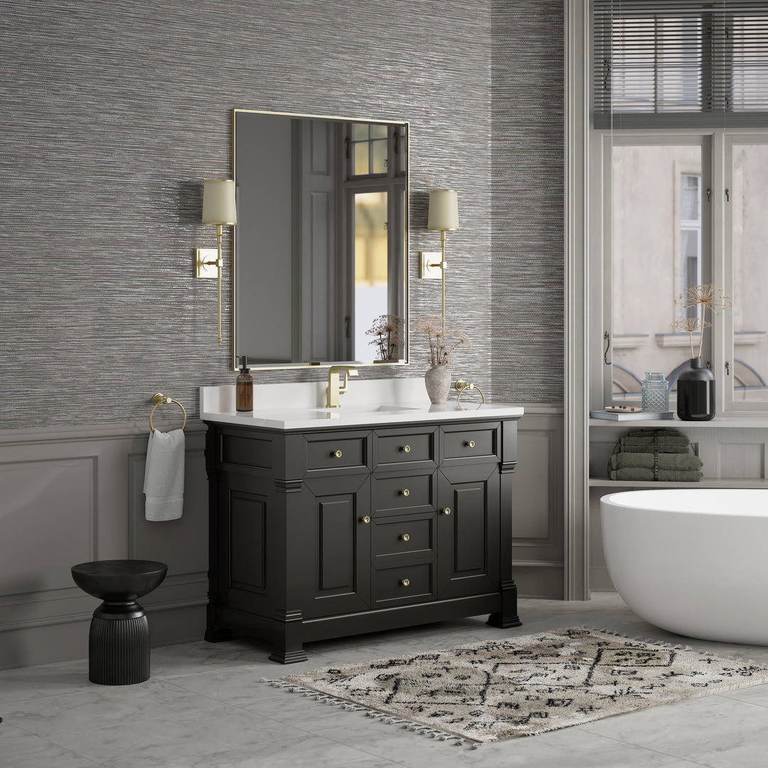 Brookfield 48" Single Vanity, Black Onyx w/ Single Hole 3 CM White Zeus Silestone® Top & Backsplash