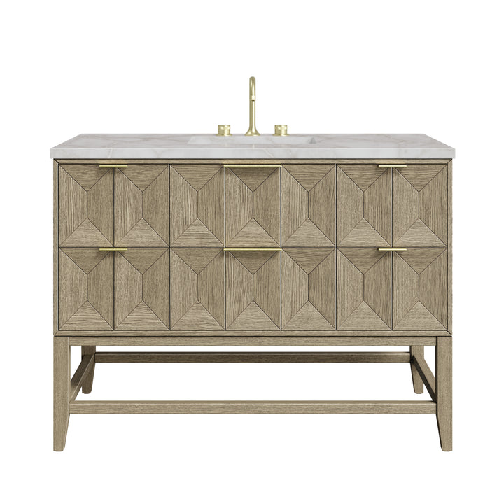 Emmeline 48" Single Vanity, Pebble Oak w/ 3 CM Victorian Silver Silestone Top w/ FreePower Wireless Charger