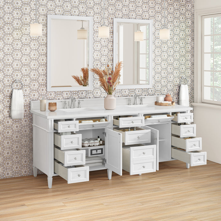 Brittany 84" Double Vanity, Bright White w/ 3 CM White Zeus Silestone Top