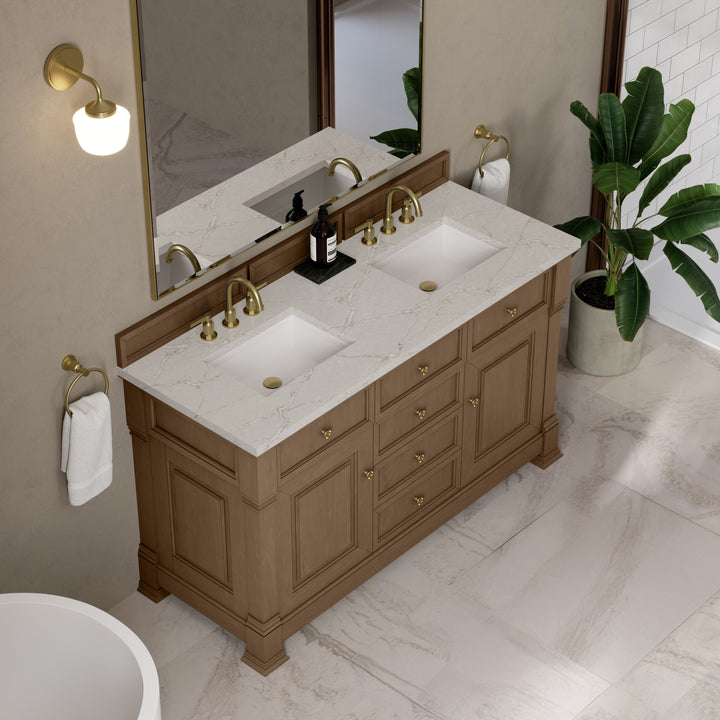 Brookfield 60" Double Vanity, Pecan w/ 3 CM Victorian Silver Silestone® Top