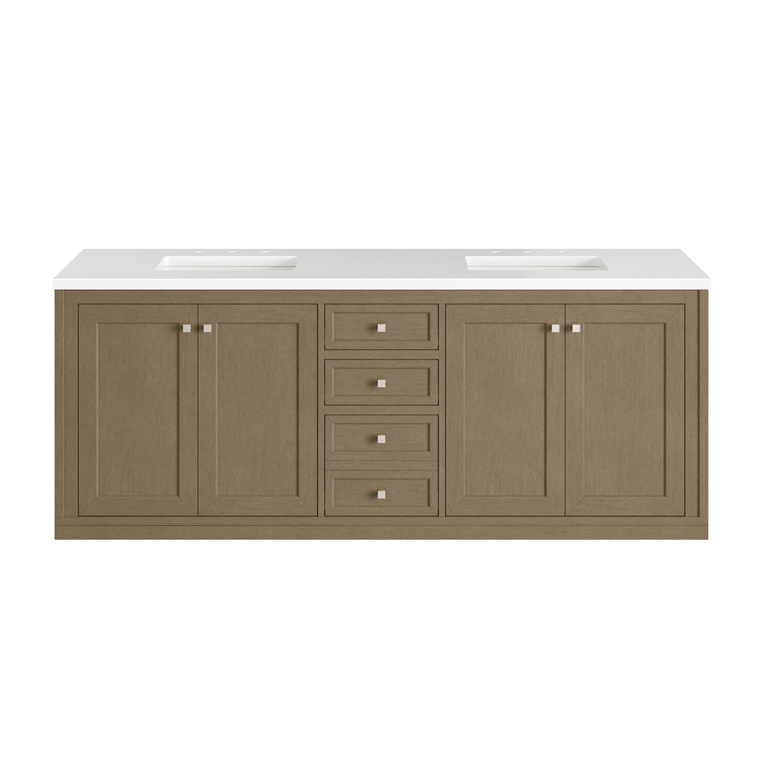 Chicago 72" Double Vanity, Walnut Whisper, w/ 3 CM White Zeus Silestone® Top