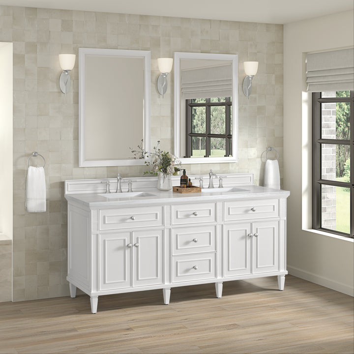 Lorelai 72" Double Vanity, Bright White w/ 3 CM Arctic Fall Solid Surface Top
