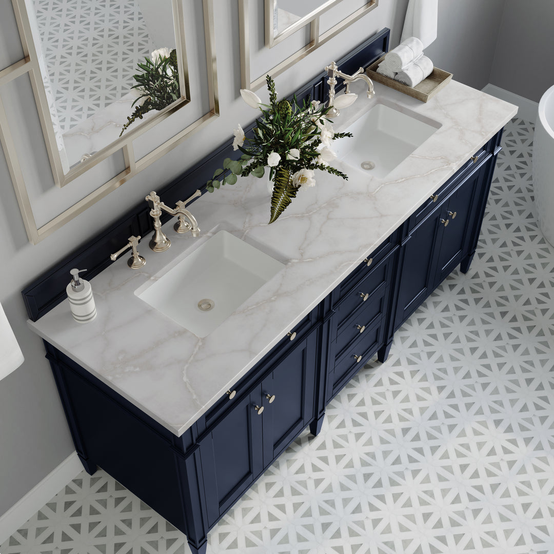 Brittany 72" Double Vanity, Victory Blue w/ 3 CM Victorian Silver Silestone Top w/FreePower Wireless Charger