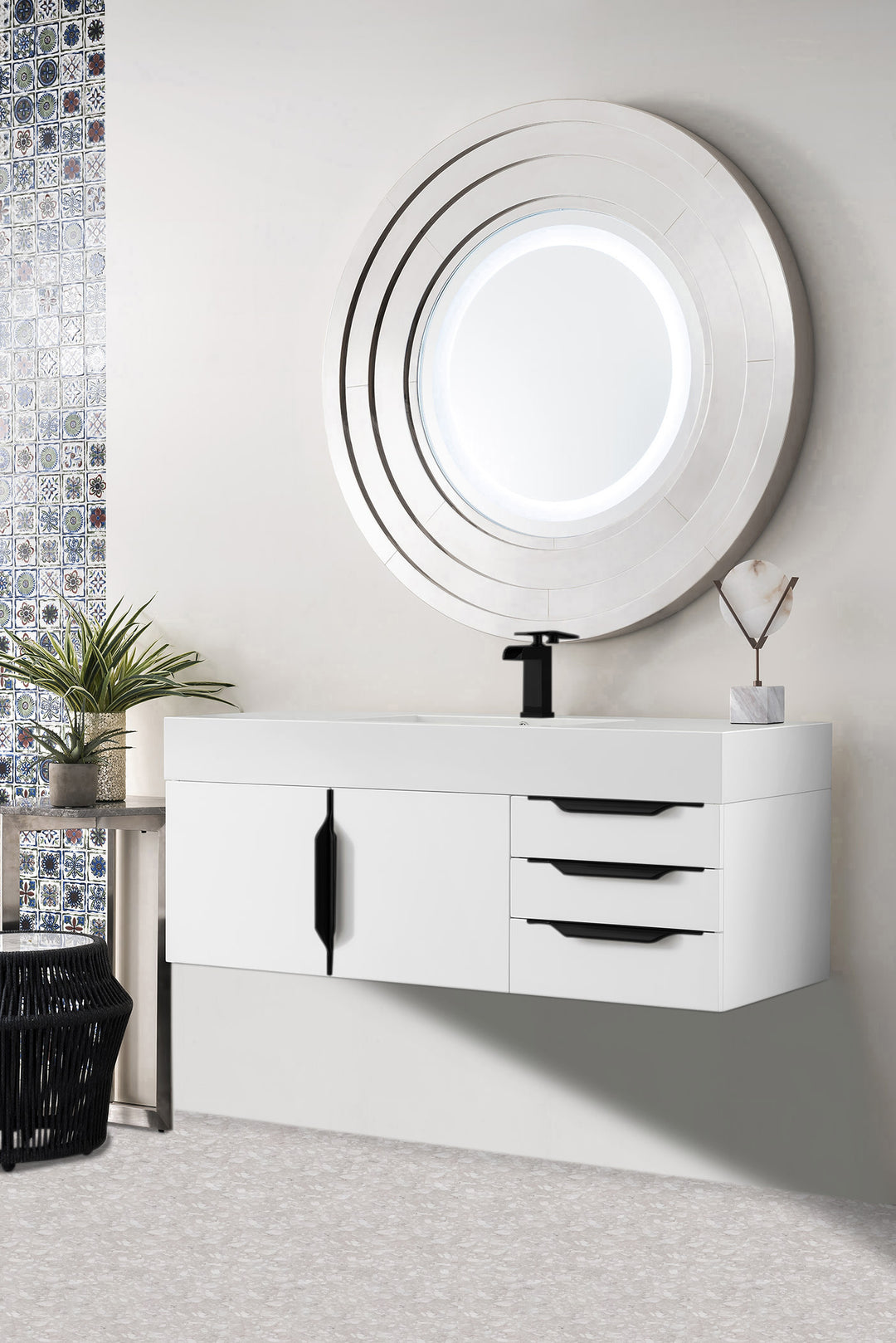 Columbia 48" Single Wall Mount Vanity, Glossy White, Matte Black w/ Glossy White Composite Stone Top