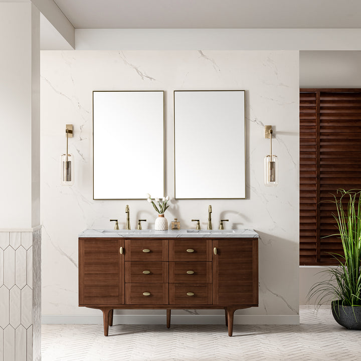 Amberly 60" Double Vanity, Mid-Century Walnut w/ 3 CM Ethereal Noctis Top w/FreePower Wireless Charger