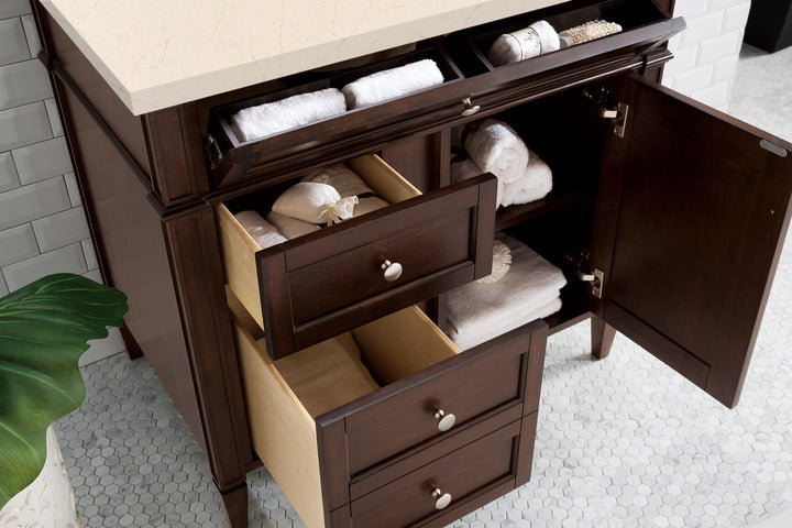 Brittany 36" Single Vanity, Burnished Mahogany w/ 3 CM Eternal Marfil Silestone Top