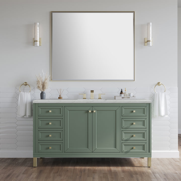 Chicago 60" Single Vanity, Smokey Celadon, w/ 3 CM Ethereal Noctis Silestone Top w/ FreePower Wireless Charger