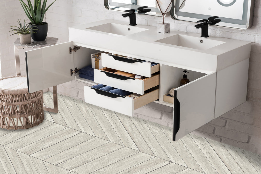 Columbia 59" Double Wall Mount Vanity, Glossy White, Matte Black w/ Glossy White Composite Stone Top