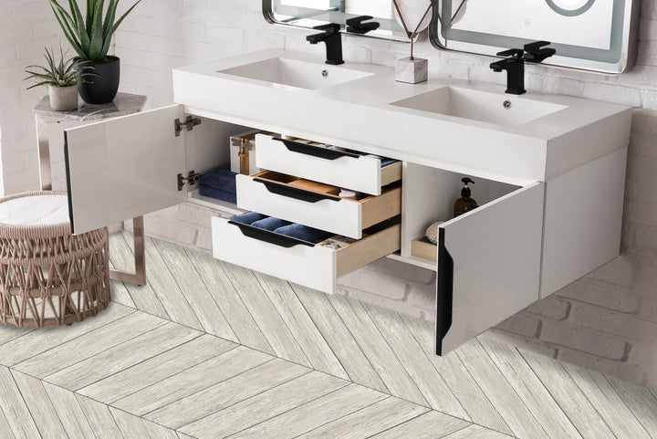 Columbia 59" Double Wall Mount Vanity, Glossy White, Matte Black w/ Glossy White Composite Stone Top