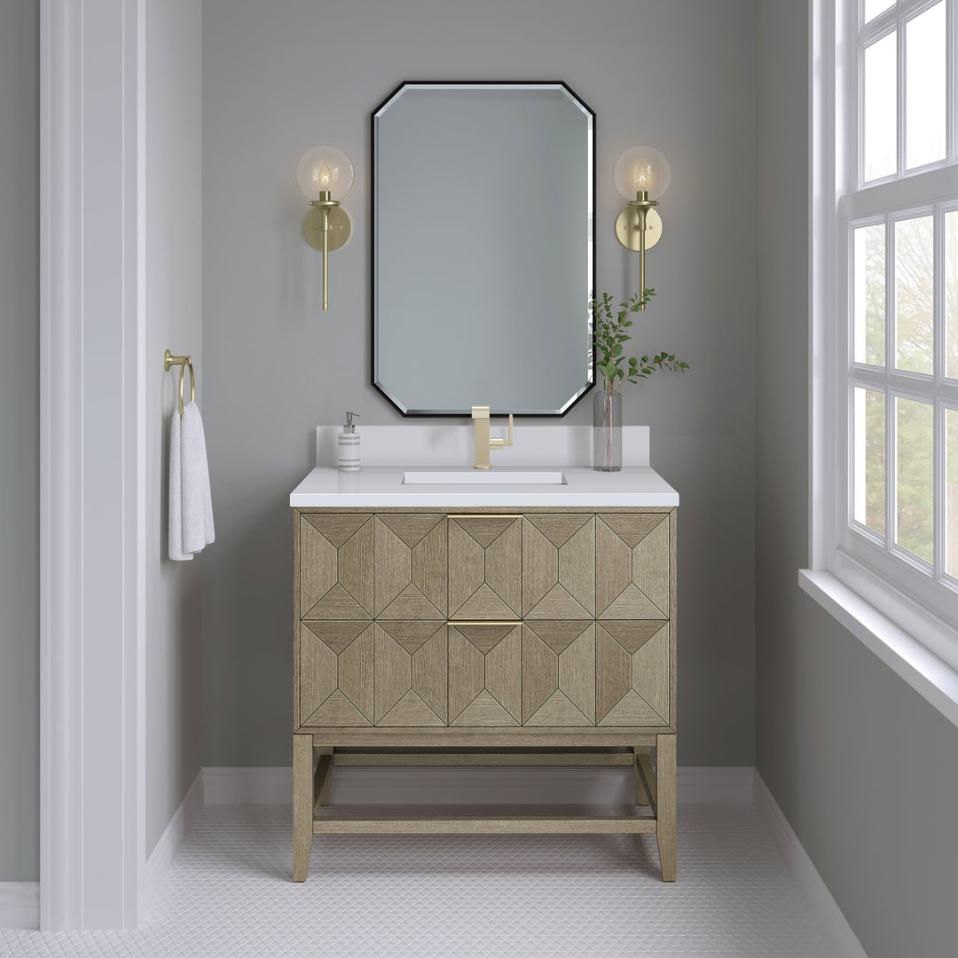 Emmeline 36" Single Vanity, Pebble Oak w/ Single Hole 3 CM White Zeus Top & Backsplash