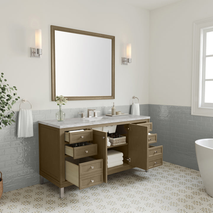 Chicago 60" Single Vanity, Walnut Whisper, w/ 3 CM Victorian Silver Silestone Top w/ FreePower Wireless Charger