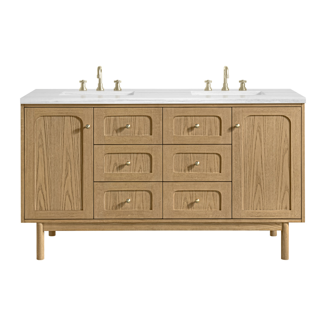 Laurent 60" Double Vanity, Light Natural Oak, w/ 3 CM Arctic Fall Solid Surface Top