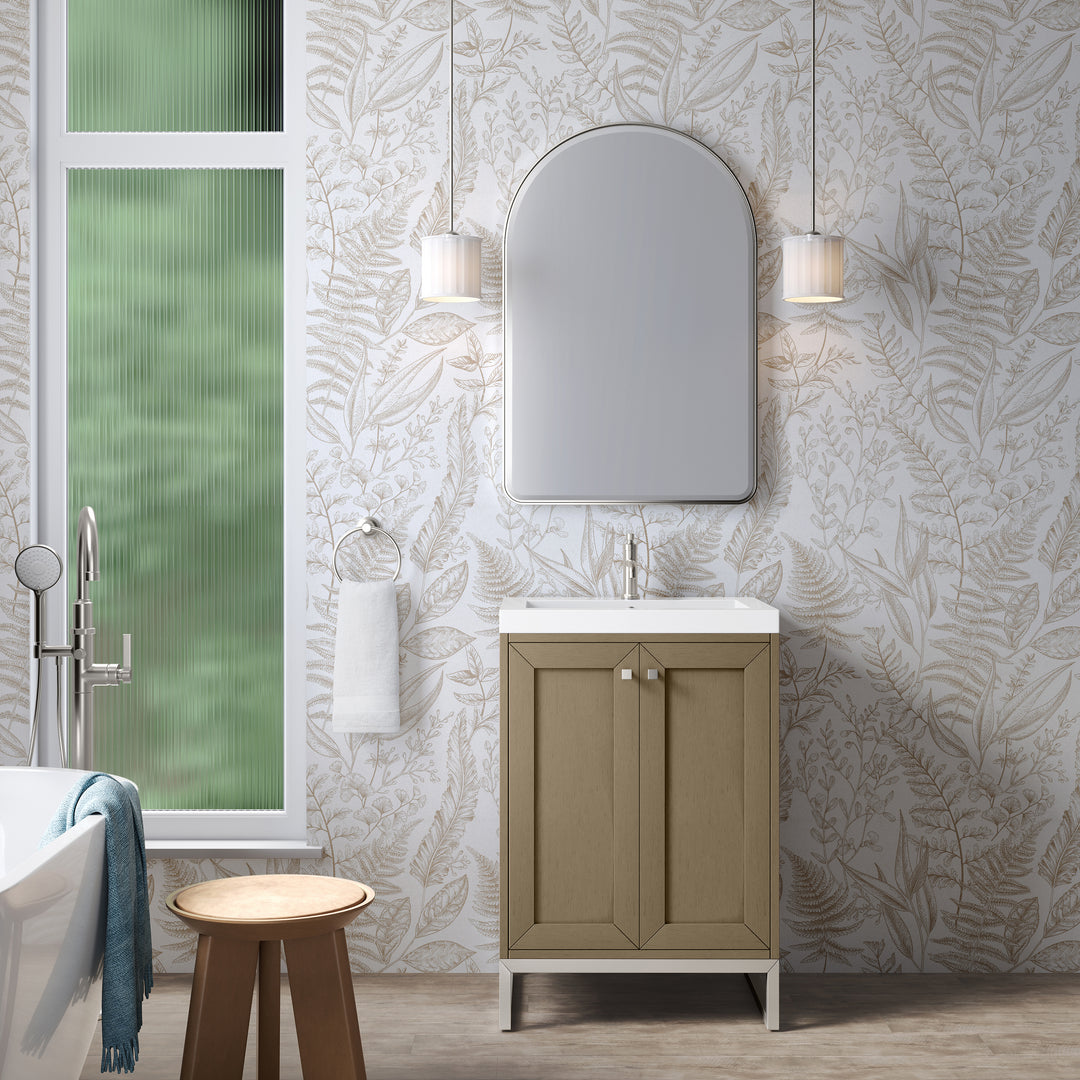 Chianti 24" Single Vanity, Walnut Whisper, Brushed Nickel, w/ White Glossy Composite Stone Top