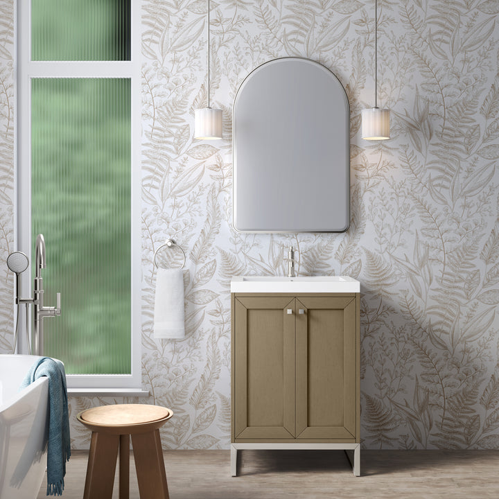 Chianti 24" Single Vanity, Walnut Whisper, Brushed Nickel, w/ White Glossy Composite Stone Top