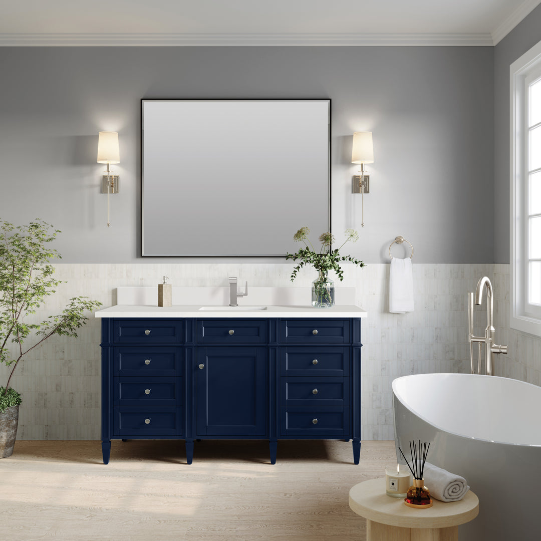 Brittany 60" Single Vanity, Victory Bleu w/ Single Hole 3 CM White Zeus Silestone Top & Backsplash