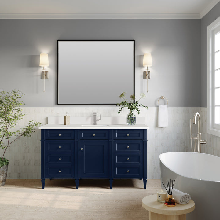 Brittany 60" Single Vanity, Victory Bleu w/ Single Hole 3 CM White Zeus Silestone Top & Backsplash