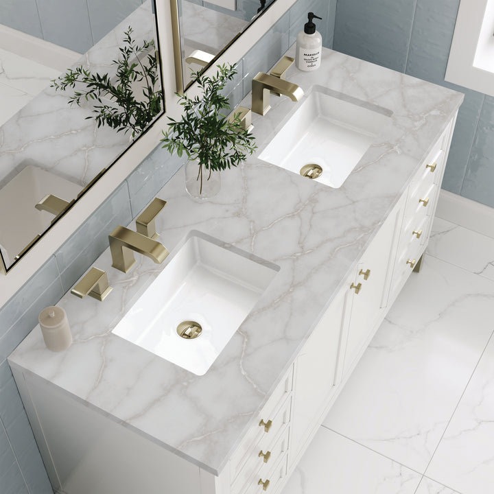 Chicago 60" Double Vanity, Glossy White, w/ 3 CM Victorian Silver Silestone® Top w/FreePower Wireless Charger