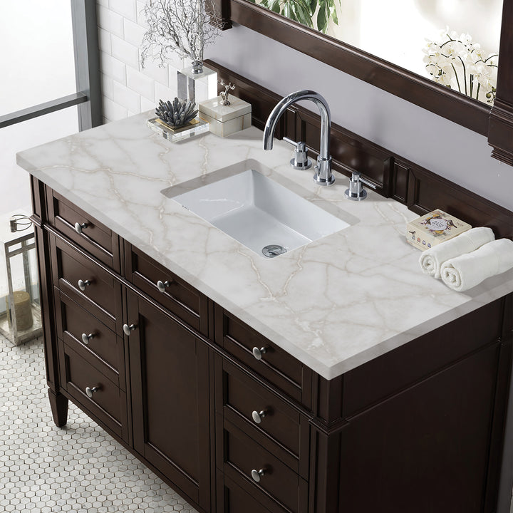Brittany 48" Single Vanity, Burnished Mahogany w/ 3 CM Victorian Silver Silestone Top