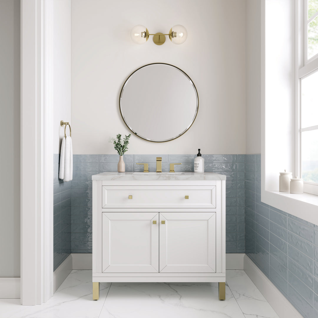 Chicago 36" Single Vanity, Glossy White, w/ 3 CM Victorian Silver Silestone® Top