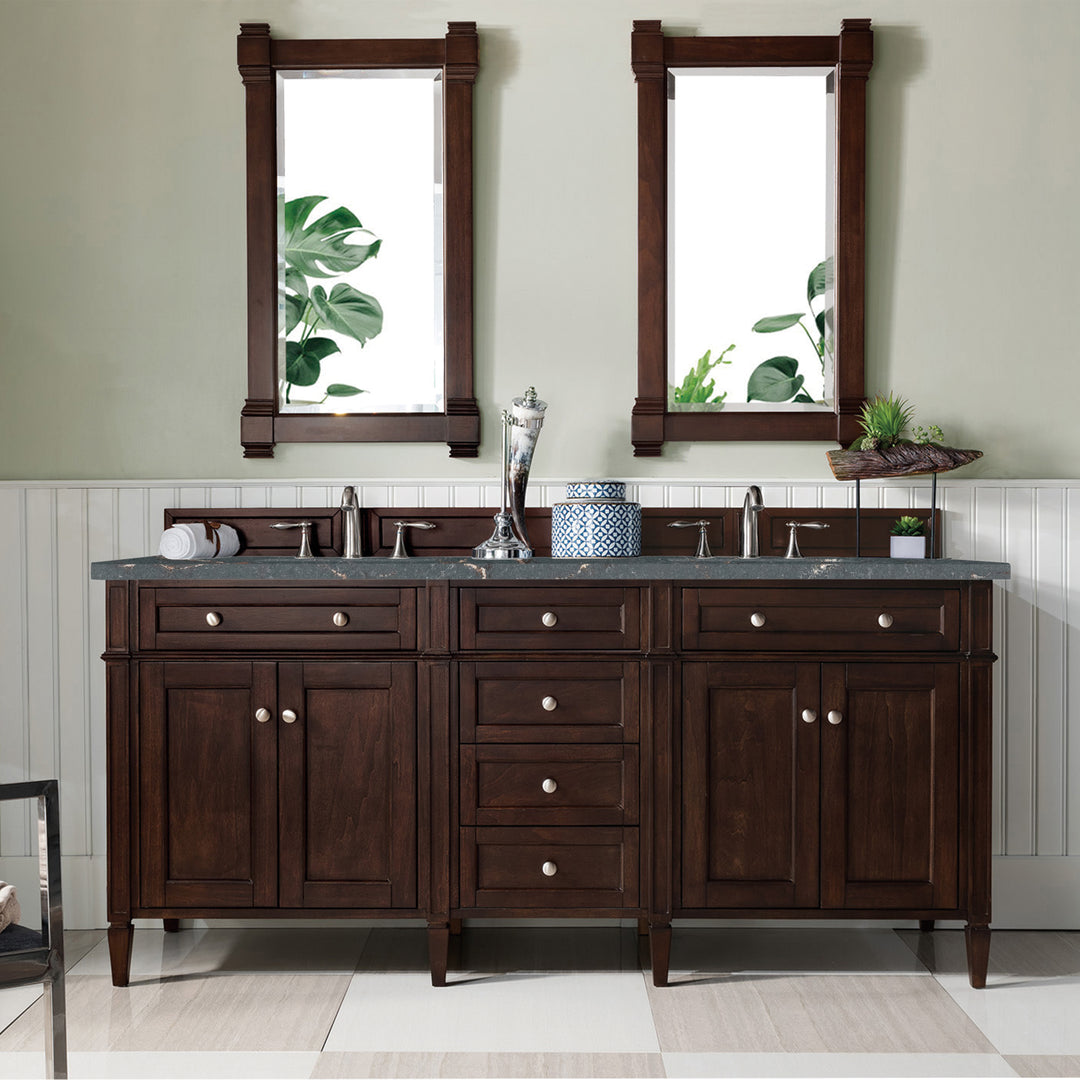 Brittany 72" Double Vanity, Burnished Mahogany w/ 3 CM Parisien Bleu Silestone Top
