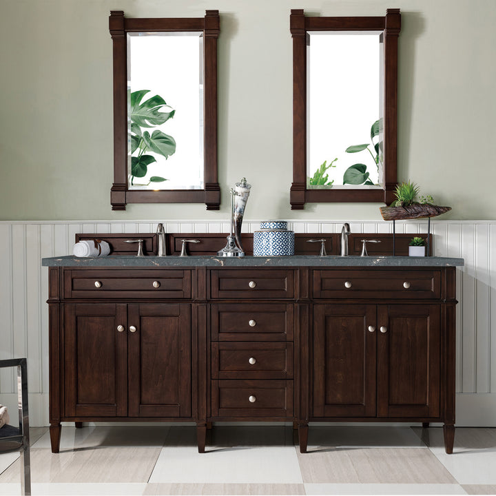 Brittany 72" Double Vanity, Burnished Mahogany w/ 3 CM Parisien Bleu Silestone Top